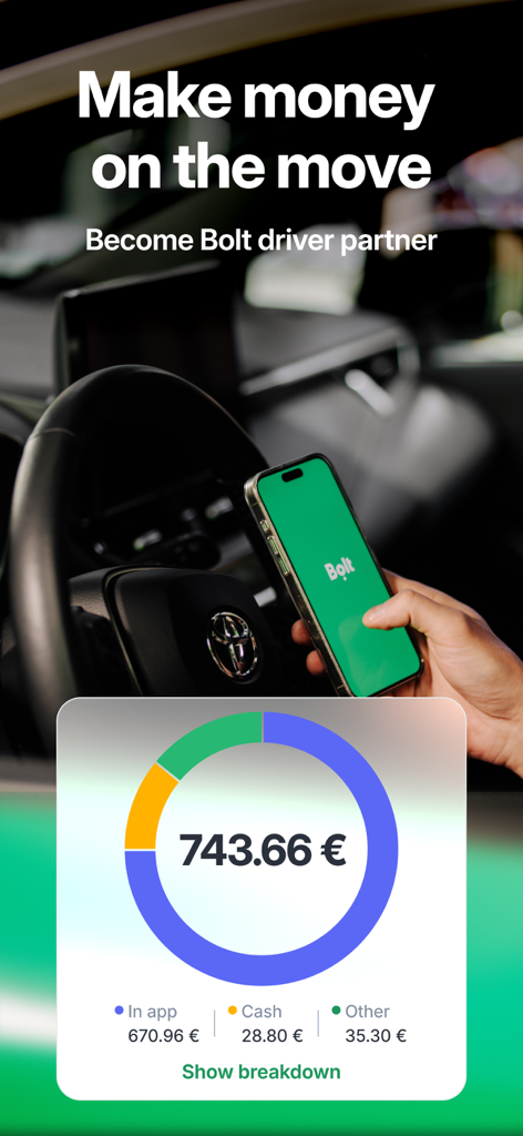 Un smartphone affichant le tableau de bord des gains de l'application Bolt Driver à l'intérieur d'une voiture