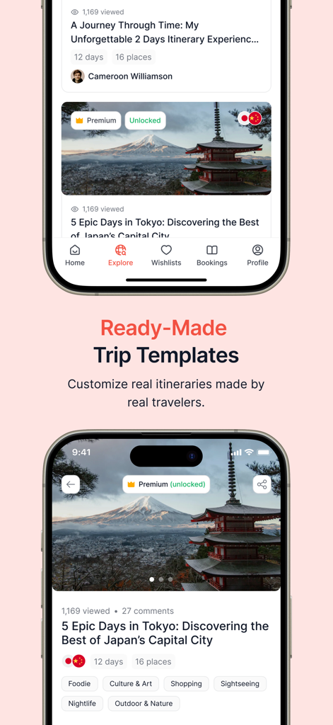 Holicay - Holicay mobile app screens showing ready-made travel itineraries and trip templates crafted by creators for destinations like Tokyo.