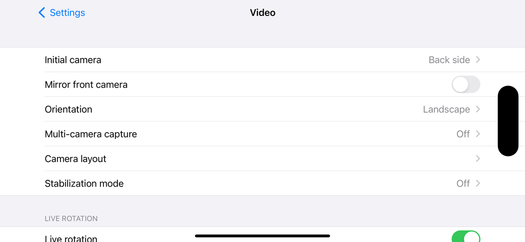 Larix Broadcaster: Live Stream - カメラと向きのオプションが表示されたLarix Broadcasterのビデオ設定メニュー