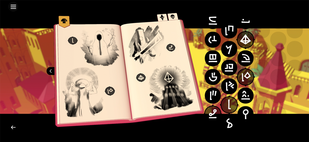 Chants of Sennaar - Chants of Sennaarのノートインターフェース、キャラクターのスケッチと古代言語のグリフが表示され、解読用