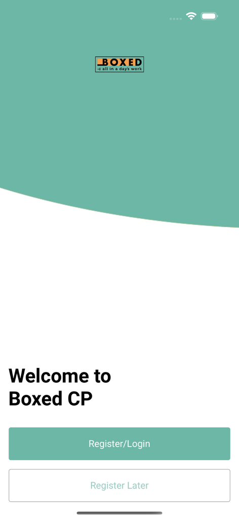 Welcome screen of Boxed CP food service app with Register and Login buttons