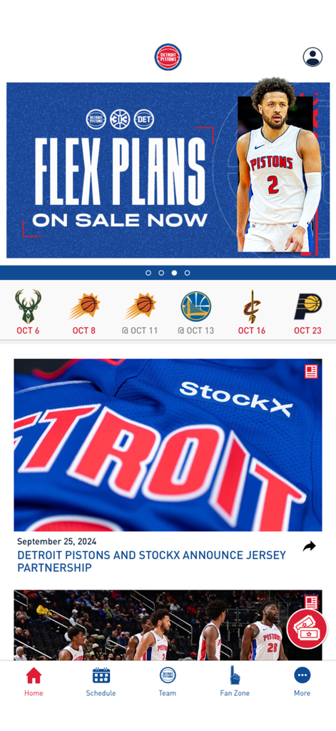 Official Detroit Pistons - The home screen of the Detroit Pistons app showing ticket promotions team news and game schedule