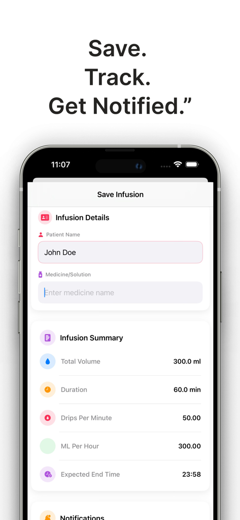 Drip Rate Infusion Calculator - Mobile app interface showing the Save Infusion screen with patient details and clinical calculation summary