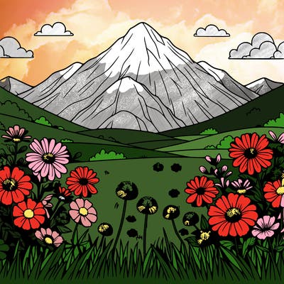 flower field with mountain’s realistic