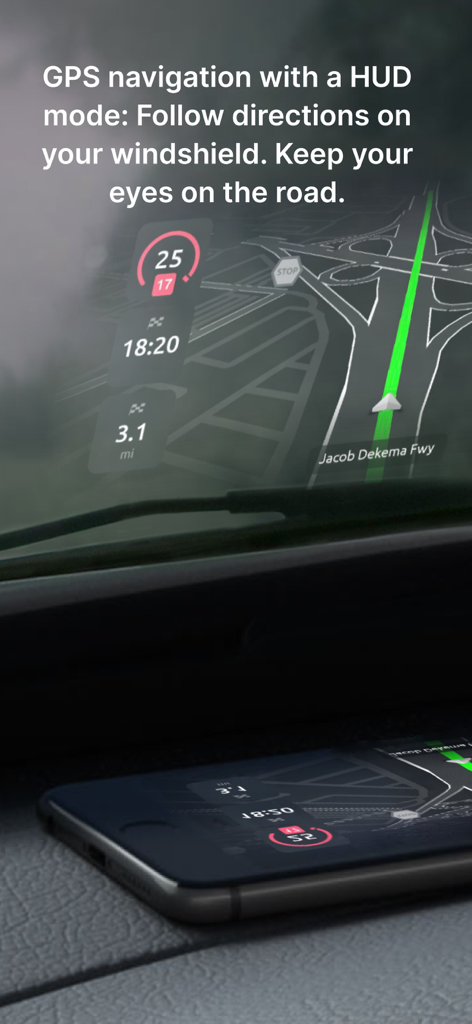 Hudway Go: Navigation with HUD - Smartphone projecting Hudway Go GPS navigation onto a car windshield in HUD mode for safer driving