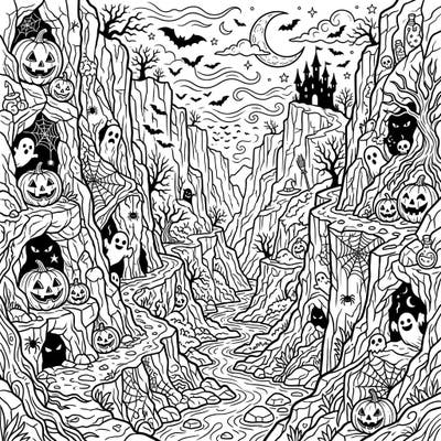 Journey into a thrilling Halloween landscape where ancient canyons come alive with ghoulish delights and festive frights. This intricate coloring page is packed with pumpkins, ghosts, and bats, offering hours of spooky creative fun.