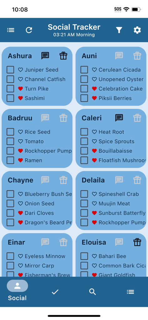Unofficial Palia Notebook - Pantalla del rastreador social en la aplicación Palia Notebook que muestra las preferencias de regalos de los aldeanos y las listas de verificación de interacciones.
