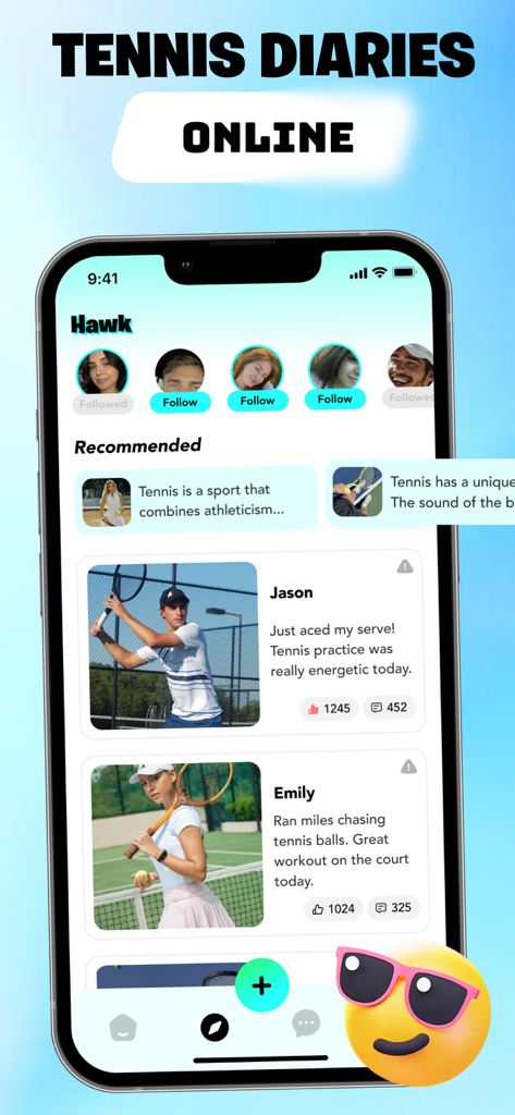 Die Social-Feed-Oberfläche der Hawk-App, die Tennisspieler-Updates und Spiel-Highlights zeigt.