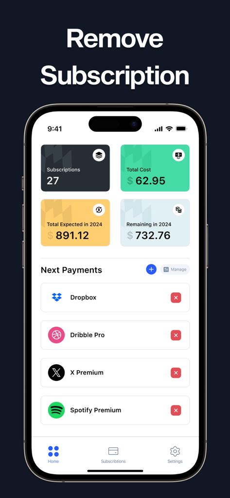 Um painel para gerenciar e cancelar assinaturas de aplicativos mostrando custos totais e serviços ativos