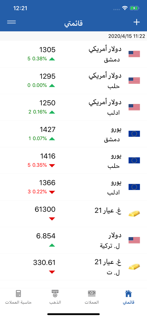 Lira Today app interface showing currency exchange rates and gold prices in Syrian cities