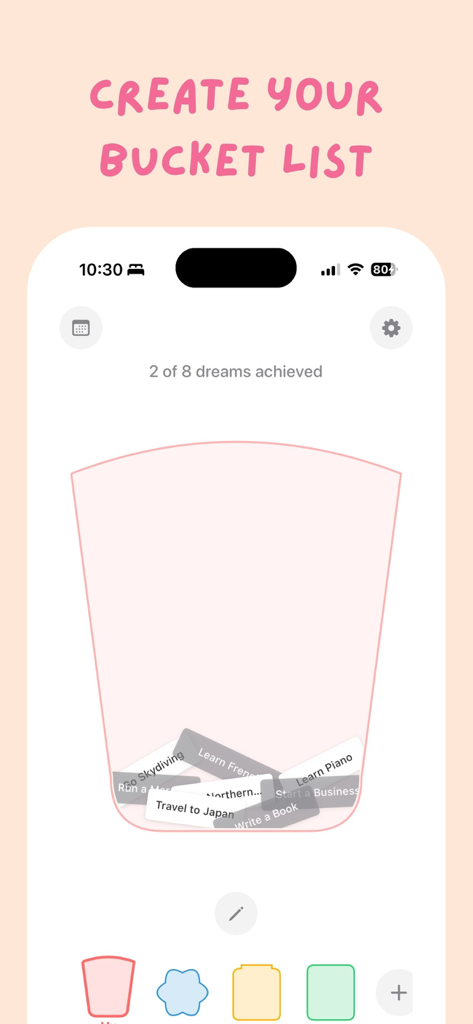 Manifest: Daily Vision Board - Screenshot of the Manifest app showing a digital bucket list with goals like travel and learning new skills