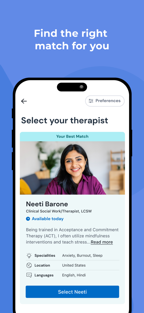 Modern Health - Modern Health app interface showing a recommended therapist profile with specialties in anxiety and burnout