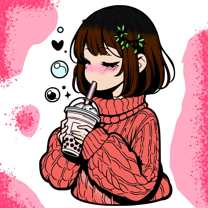 manga girl drinking boba in cozy sweater