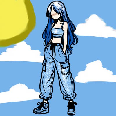 girl in baggy pants crop top and long hair