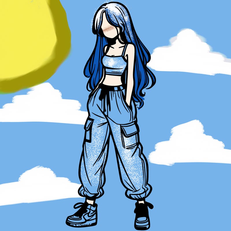 girl in baggy pants crop top and long hair