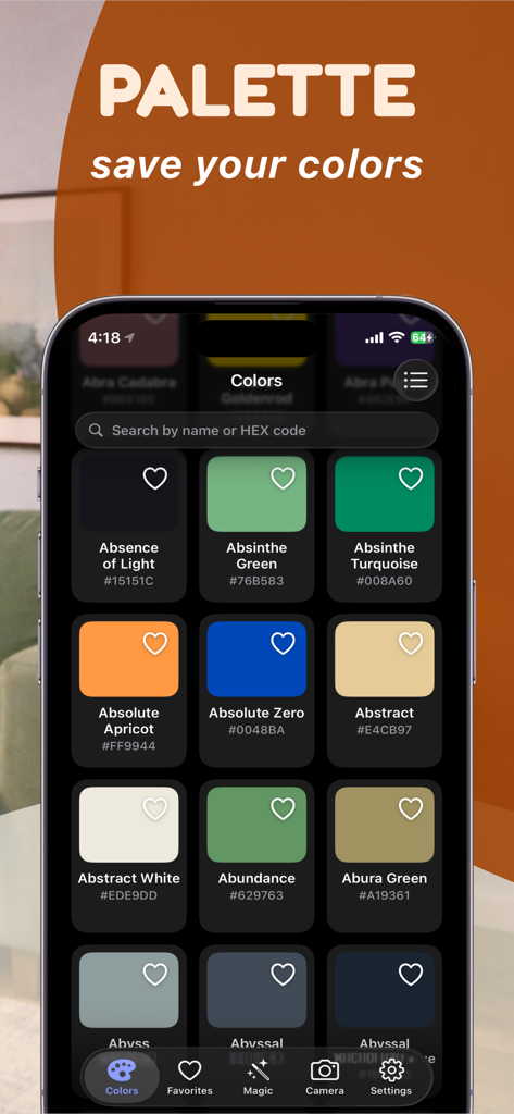 고유한 이름과 16진수 코드가 있는 저장된 색상 견본 그리드를 표시하는 모바일 인터페이스.