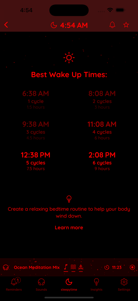 sleepytime calculator - Interface showing recommended wake up times based on 90 minute sleep cycles in dark mode