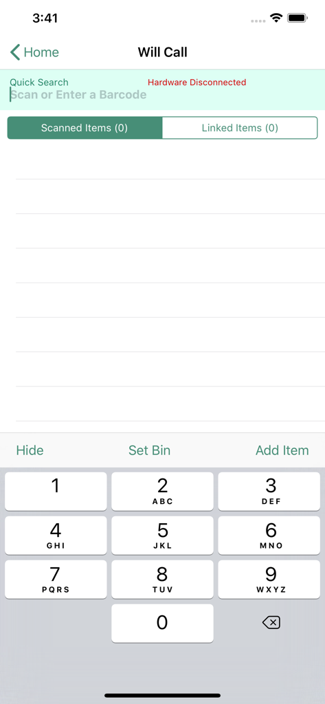 PioneerRx Mobile Inventory - PioneerRx Mobile Inventory app Will Call screen showing barcode scanning interface and numerical keypad