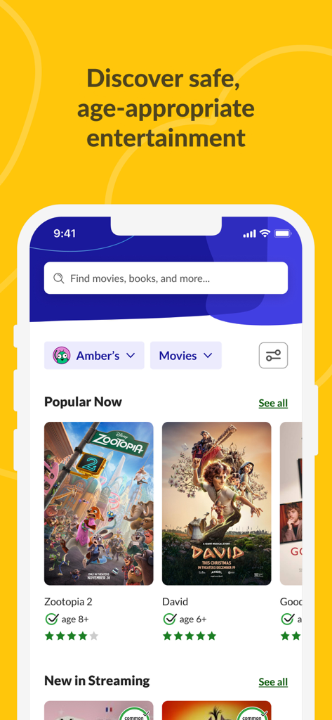 Common Sense Media app interface showing age appropriate movie recommendations and family filters.