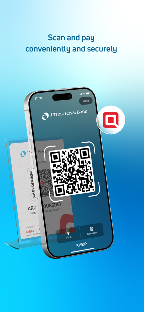 JTR Mobile - JTR Mobile 앱, 안전하고 편리한 결제를 위해 KHQR 코드 스캔 중.