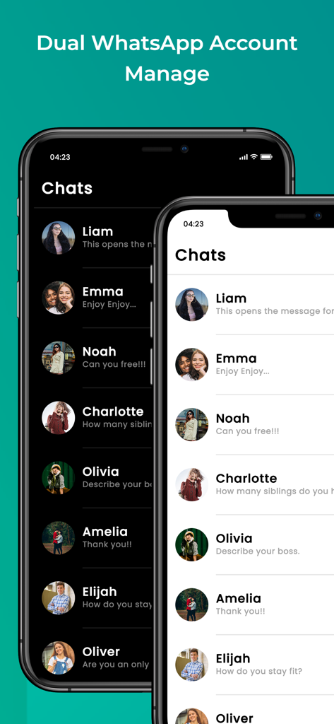 Interface de l'application GB Version 2025 montrant la gestion de comptes WhatsApp doubles sur deux appareils mobiles