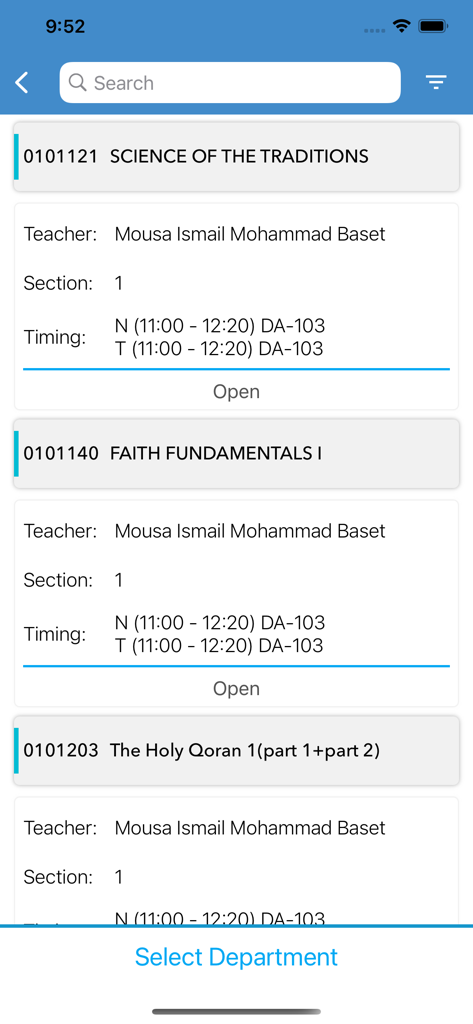 Al-Quds University - Mobile screen of the Al-Quds University app displaying a list of offered courses including Science of the Traditions and Faith Fundamentals with teacher details and class schedules
