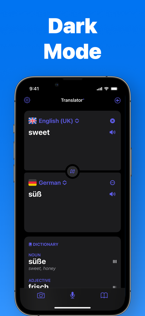 Translator +ㅤ - Translator plus app interface in dark mode showing translation from English to German