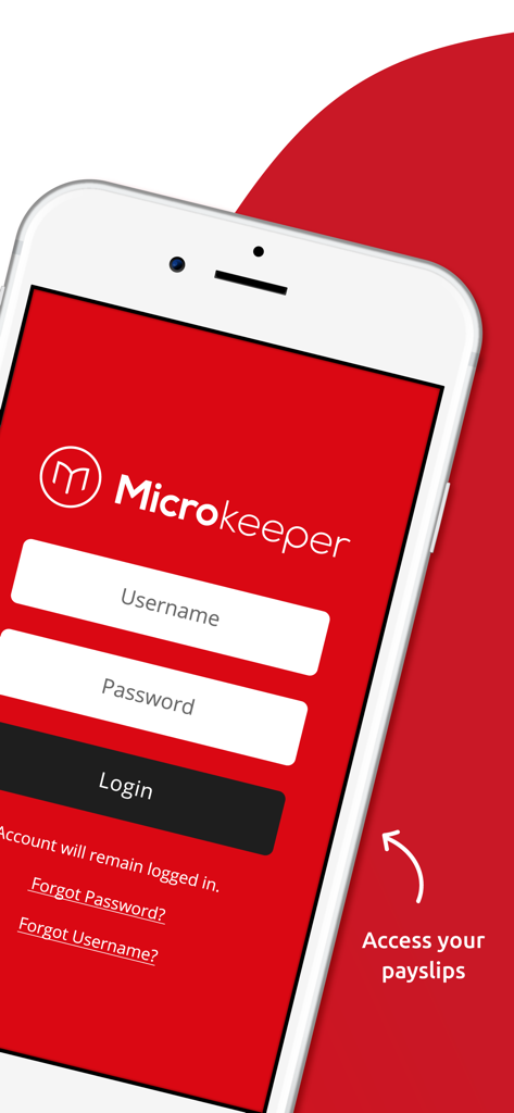 Microkeeper mobile app login screen for accessing payslips and rosters