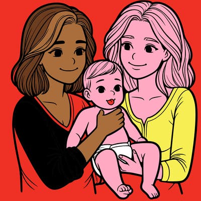 two realistic women holding one baby together
