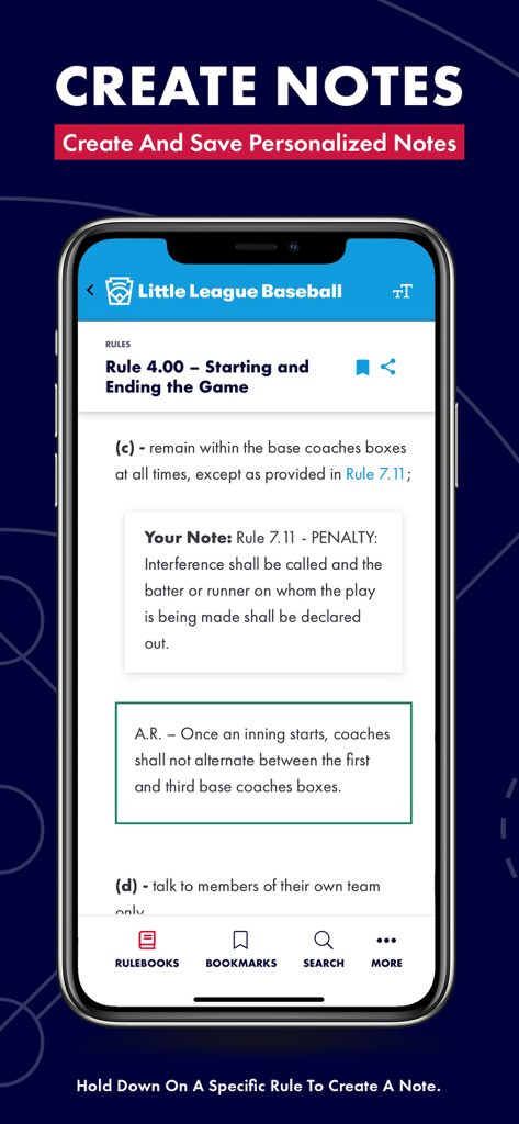 Little League Rulebook - Little League Rulebook app interface showing the personalized notes feature on a baseball rule page