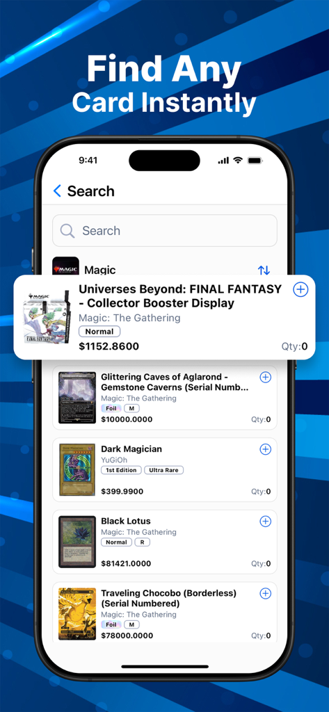 Search results for rare Magic and YuGiOh cards in TCG Card Scanner app
