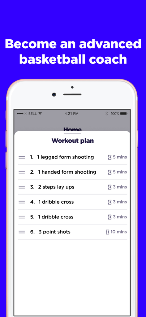Level Up - Basketball Training - Écran d'application smartphone affichant un plan d'entraînement de basketball personnalisable avec des exercices comme le tir et les layups