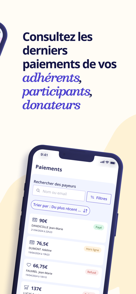 HelloAsso - HelloAsso mobile app screen showing a list of recent donor and member payments