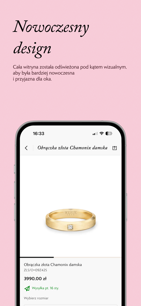 W.KRUK - W.KRUK mobile app showing a gold wedding ring product page with modern design