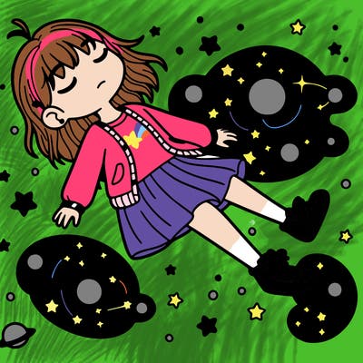 girl falling into a peaceful world of galaxies