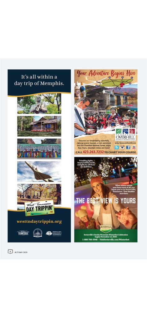 American Road Magazine - Digital magazine page showing travel advertisements for various Tennessee road trip destinations including Memphis and Sevierville.