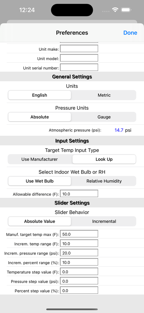 HVAC RefCharge - Preferences screen for the HVAC RefCharge app showing general unit settings and slider behavior configurations