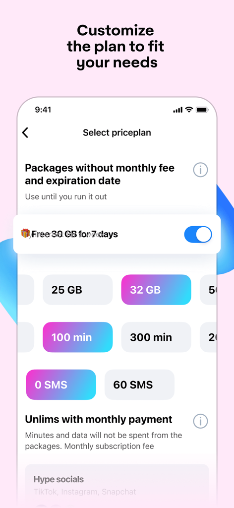 IZI: play, listen, watch, call - Una pantalla de aplicación móvil para personalizar un plan de precios de telefonía móvil con opciones de gigabytes de datos, minutos y paquetes de SMS
