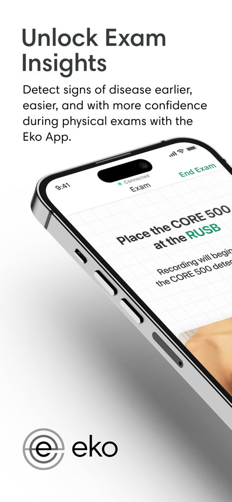 Eko app interface on iPhone showing clinical exam instructions and the text Unlock Exam Insights