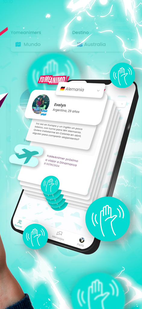 YoMeAnimo! - Smartphone screen showing user profiles and travel destinations in the YoMeAnimo community app