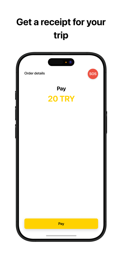 Taksicimアプリの支払い画面に、支払いボタンとSOS機能付きで20 TRYの乗車料金が表示されています。