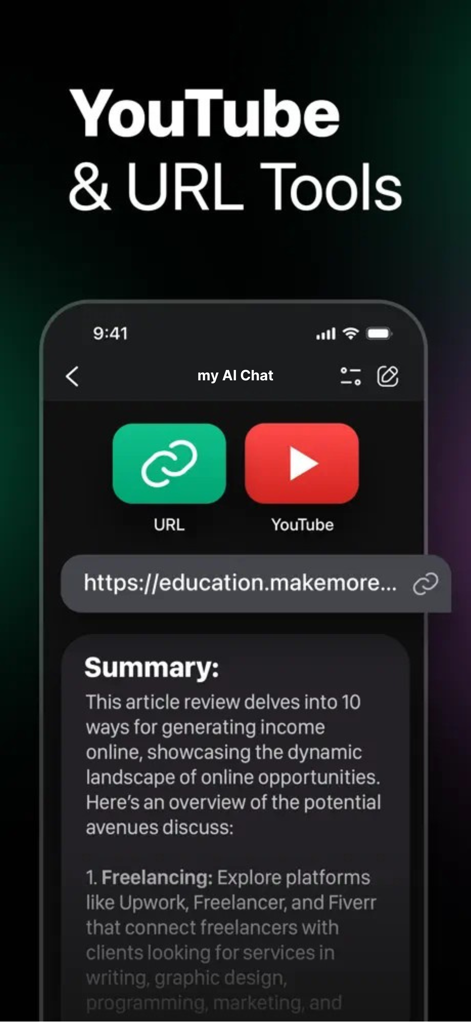 myAIChat - Chat Bot Assistant - myAIChat app interface featuring tools to summarize YouTube videos and web URLs with AI