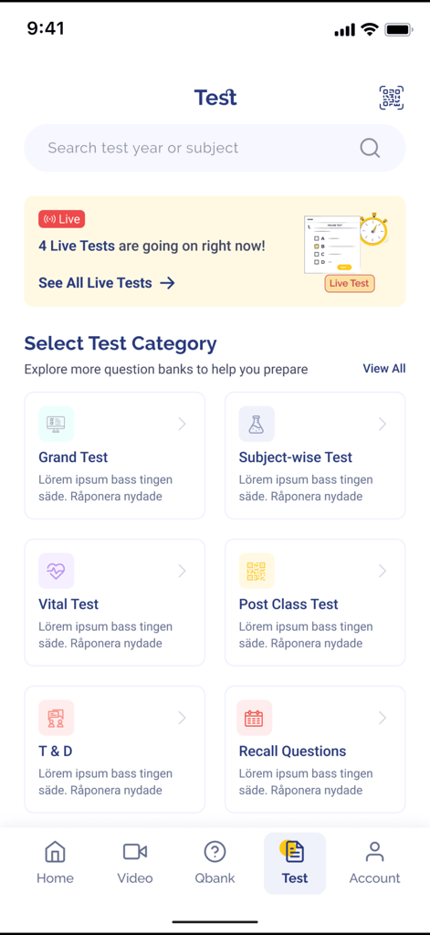 eGurukul mobile app interface showing various medical test categories and live exam options