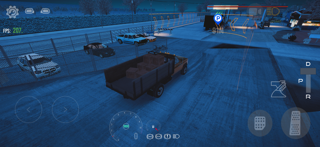 Nextgen: Truck Simulator - Jugabilidad de Nextgen Truck Simulator mostrando una camioneta con carga en un estacionamiento por la noche