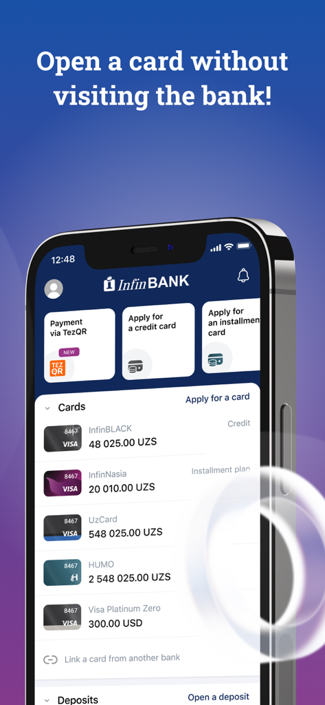 InfinBANK - Interface do aplicativo móvel InfinBANK mostrando vários cartões bancários e saldos em UZS e USD