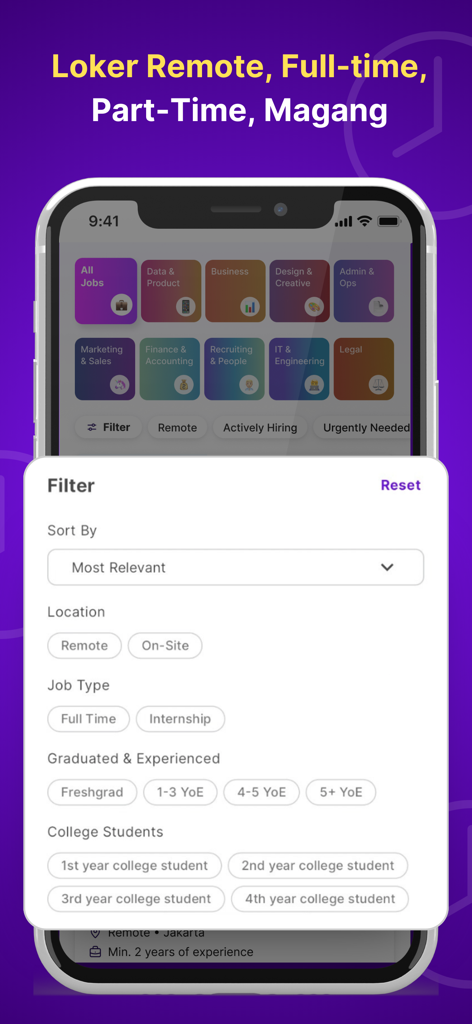 Dealls Jobs: Loker & Konsul CV - Interface of the Dealls Jobs app showing various job search filters including location and experience level