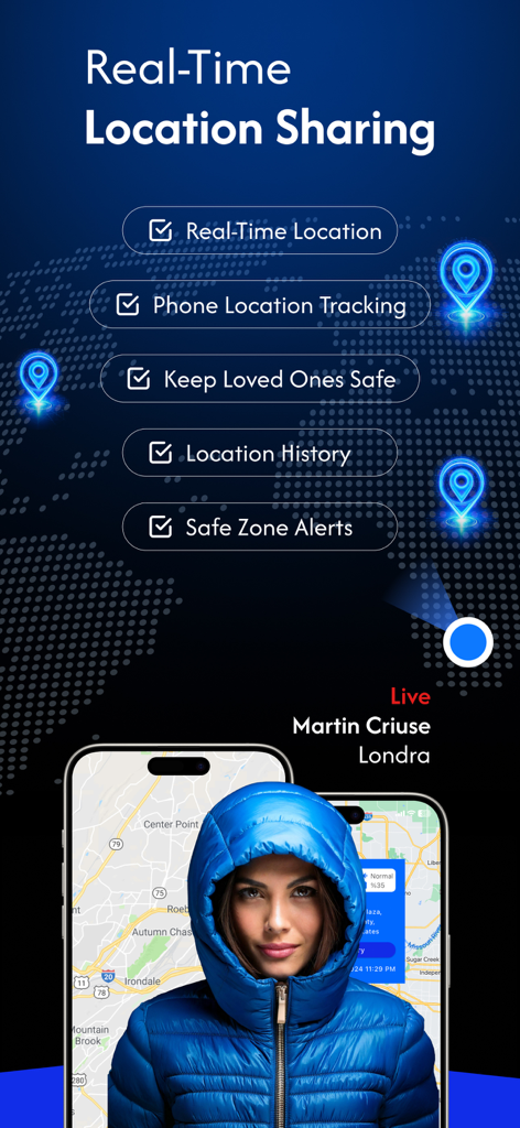 EasyGeoFinder-Location Tracker - Interfaz de EasyGeoFinder mostrando el intercambio de ubicación en tiempo real y funciones de rastreo de seguridad en un smartphone