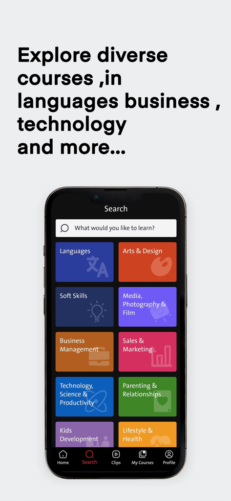 Interface mobile de l'application almentor montrant un écran de recherche avec diverses catégories de cours comme Affaires, Technologie et Langues.