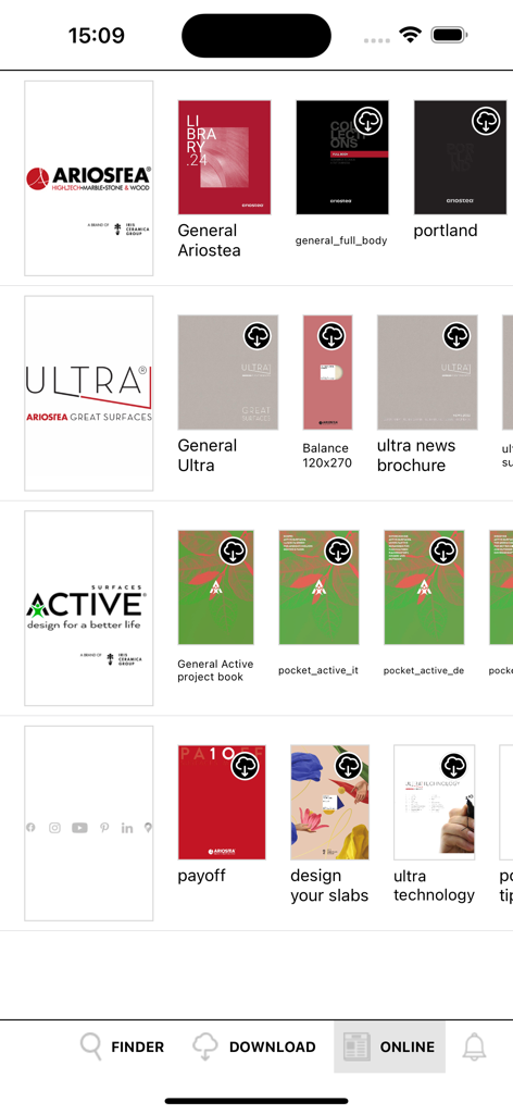 Ariostea - Digital library interface in the Ariostea app showing various downloadable product catalogs for high-end ceramic slabs.