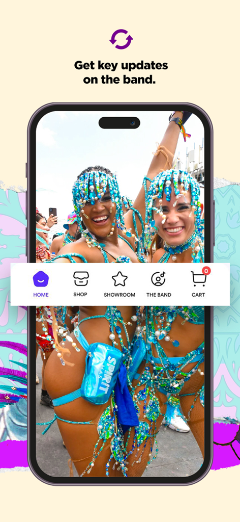 Spirit Mas - Spirit Mas app home screen featuring masqueraders in blue carnival costumes.